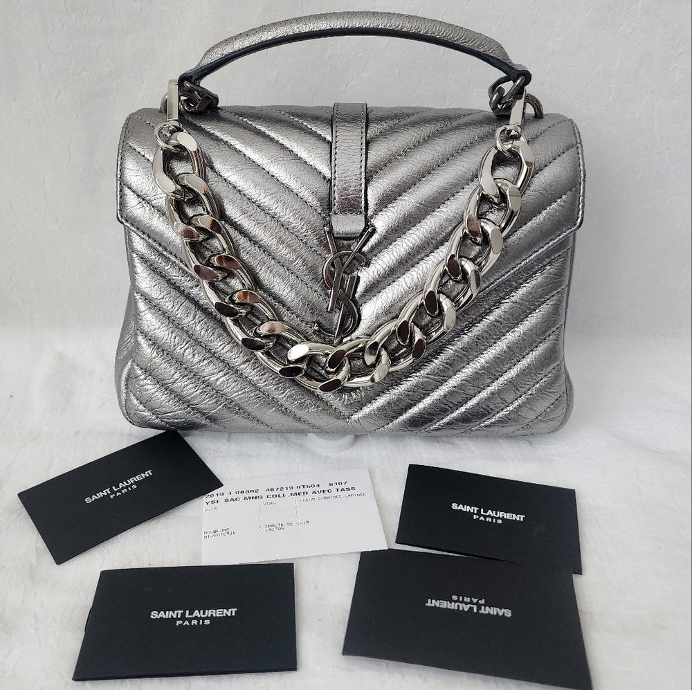 Auth YSL Saint Laurent Classic Monogram College Metallic Bag - Picture 1 of 11